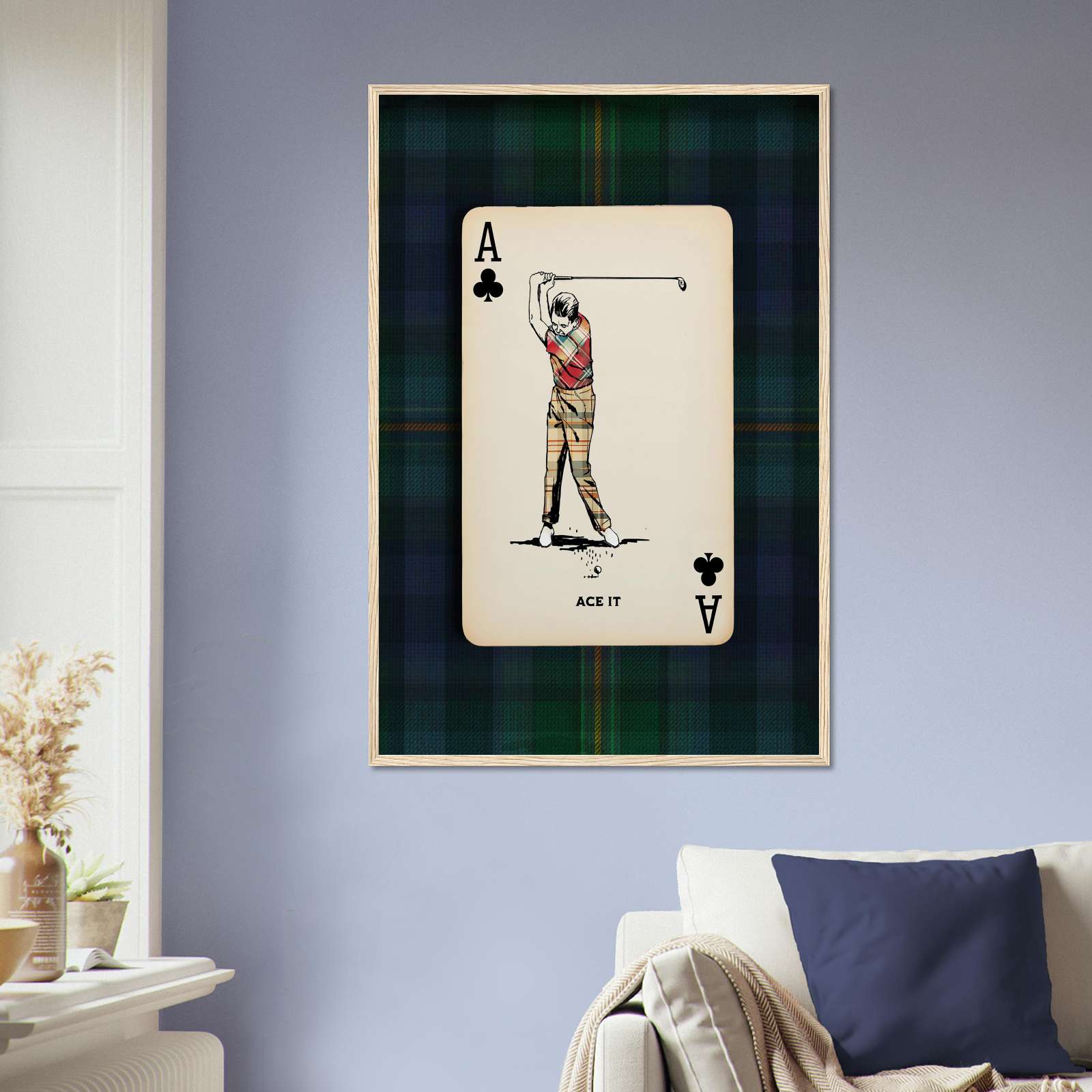 Navy Plaid Golf Poster, Playing Card Wall Art, Vintage Country Club ...